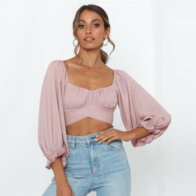 China Breathable 2021 Summer Women's Clothing Women Shoulder Tie Crop Tops Fashionable Bandage Chiffon Blouses for sale