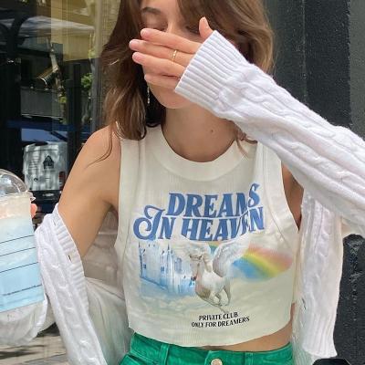 China Summer Letter Print Graphic Anti-pilling Invest Rib Crop Casual Tops Cotton 2022 White Short Tank Top For Women for sale