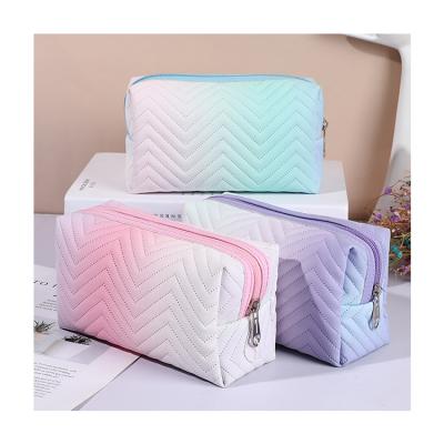 China Fashion PU Gradient Color Toiletry Bag Waterproof Makeup Pouch Women Vegan Leather Travel Cosmetic Bag for sale