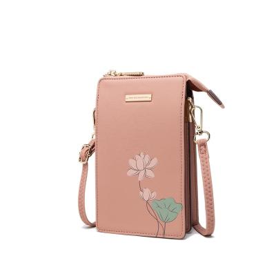 China 2021 Solid Color PRETTYZYS High Quality PU Leather Lotus Pattern Mobile Phone Bag Elegant Mini Sling Bag for sale