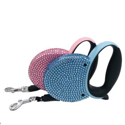 China JEWELED Retractable Blue and Pink 3M Flat Line Pet Leash OEM ODM Bling Crystal Dog Puppy Pet Lead Faux Stone for sale