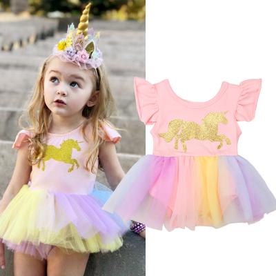 China Wholesale Unicorn Sleeveless Ruffle Sleeve Printing Colorful Mesh Babies Dress 70-80-90-100 for sale