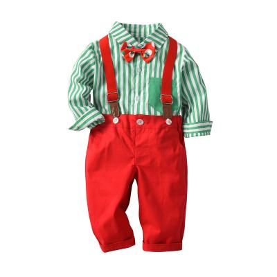 China ENGLAND STYLE 2021 New Autumn Boy Gentleman Children's Suit Children's Suit Cotton Bowtie Bib Striped Printed Two-Piece Suit for sale