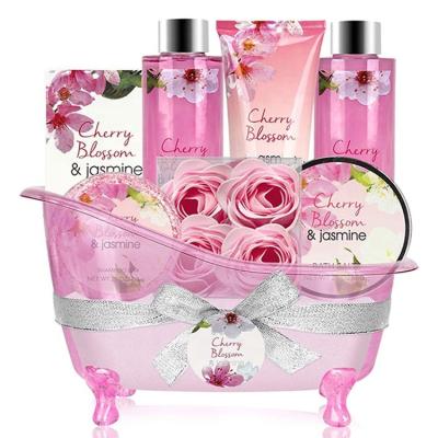 China Spa Spa Gift Baskets Women's Bath Sets with Cherry Blossom and Jasmine Scent Bubble Bath, Shower Gel, Body and Hand Lotio for sale