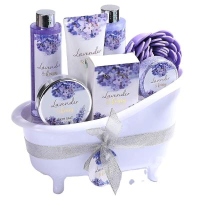 China Gift for Women Lavender& Honey Scent Women Bath Set Spa Gift Baskets with Bubble Bath Shower Gel Body Lotion Bath Salt for sale