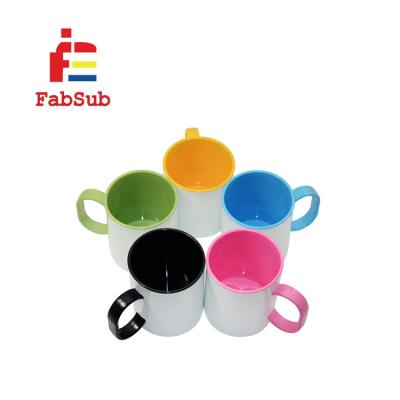 China 11oz Plastic Rim Color Coffee Mug White custom plastic interior coated sublimation polymer mug for sale