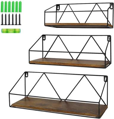 China Other Set of 3 Pieces of Rustic Metal Frame Brown Wall Floating Shelf for sale