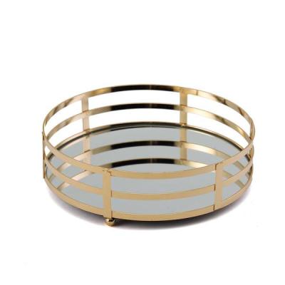 China Morden Mirror Tray Nordic Modern Serving Decorative Mirror Tray Round Jewelry Glass Luxury Gold Metal for sale