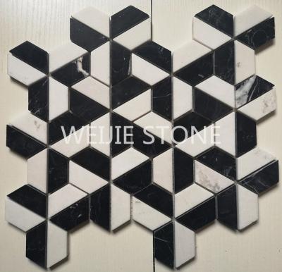 China 3D Color Crystal White Marble Mosaic Black Nero Margiua Parquet Mix Color 3D Slab Hexagon Stone Mosaic Honeycomb Marble Slab For Bathroom for sale