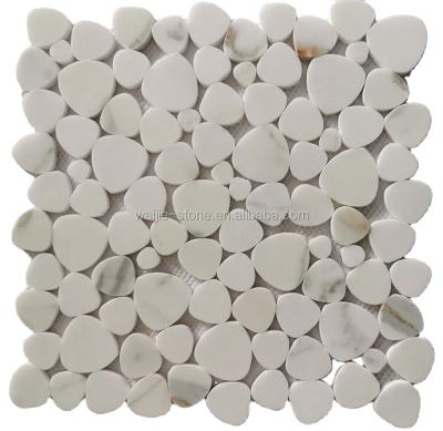 China White and Gold Veins Parquet Penny Round Marble Mosaic Marble Wall for sale