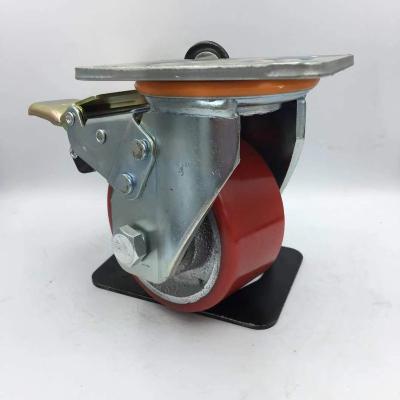 China swivel & 4 Inch Rigid With Brake Swivel Plate With Brake On Red Polyurethane Wheels Caster Wheels en venta