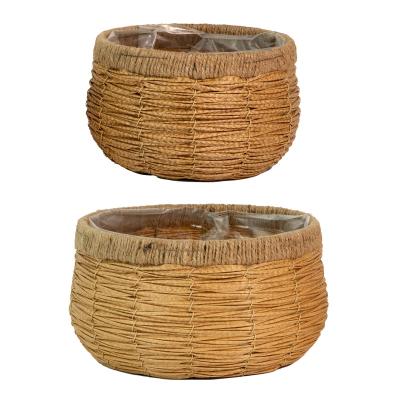 China Chinese Style Woven Rattan Plastic Basket For Indoor Organizer Flower Fruit Planter Vegetable Flower Pot Floor Planters Storage Basket Set 2 for sale