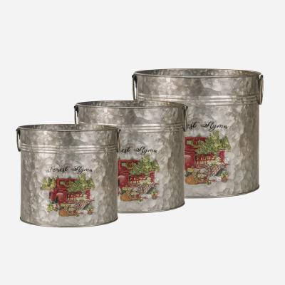 China 2022 American Style Christmas Metal Galvanized Planter Gardening Bucket Set Of 3 Shabby Chic Farmhouse Decor Galvanized Flower Pots for sale