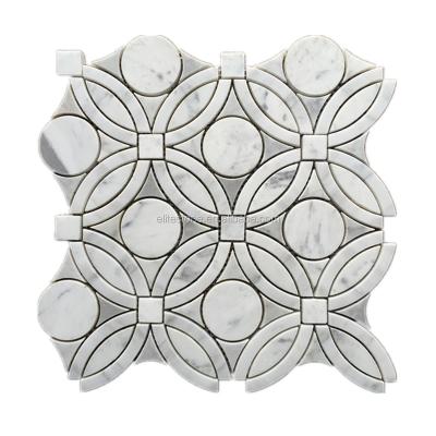 China White Marble Parquet Italian Carrara Mosaic Waterjet Flower Design Stone Bathroom Floor Tiles for sale