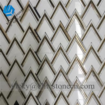 China Custom VZAG marble brass inlay parquet white gold waterjet mosaic slab for sale