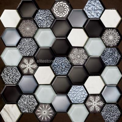 China Parquet Hexagon Crystal Glass Metallic Mosaic Slab for Bathroom Wall and Floor for sale