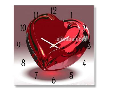 China Decorative Red Heart Clear Calendars 12 Inch Modern Weeding Glass Painting Wall Clock for sale