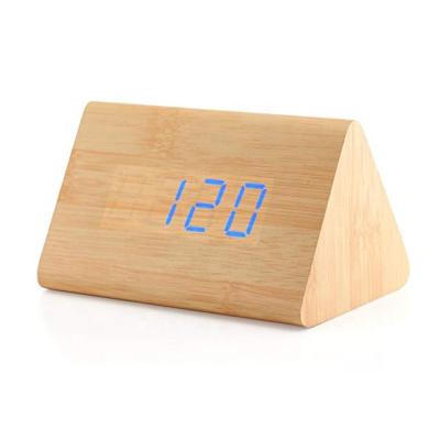 China Classes Modern Wooden Triangle Digital LED Alarm Clocks Desktop Timer Calendar Classic Bamboo for sale