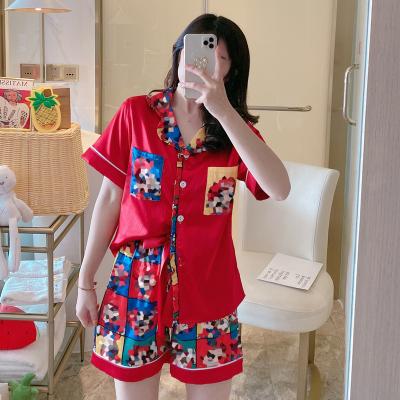 China KKVVSS 2028 Pajamas Women Summer Shorts Breathable Sleeve Shorts Bow Silk Two Piece Ladies Cartoon Set Sleepwear Soft Home Wear for sale