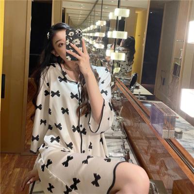 China KKVVSS XF903 Pajamas Women Summer Ice Silk Handle Long Sleeve Nightgown Mid Length Ice Silk Breathable Slim Soft Bow Silk Home Wear Suit Women for sale