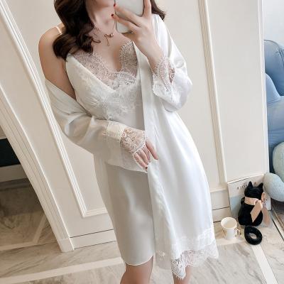 China KKVVSS 920 Women's Breathable Summer And Moon Solid Nightgown Slip Robe Spring Long Sleeve Pajamas Two Piece Home Wear Set for sale