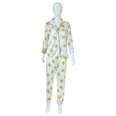 China 2015 HSZ QUICK DRY satin pajamas long sleeving floral print womens sleepwear sunflower daisy custom turn-down collar two-piece set for sale