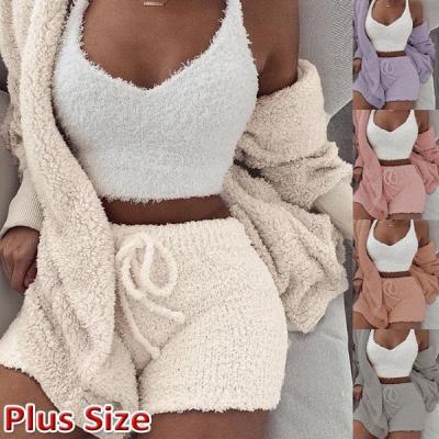 China HSZ 925 Breathable Women Sexy Pajamas 3 Pieces Sets Soft Touch Nightgowns Mature Girls Sleepwear Vest Shorts Long Robe Plus Size for sale