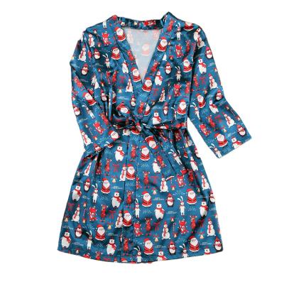 China KKVVSS SP26B1 Breathable Smooth Satin Comfortable Women Print Robe Long Sleeve Belted Short Length Sleepwear for sale