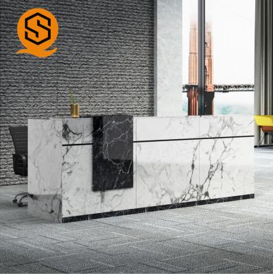 China New Design Marble Look Reception Desk Furniture 9ft 12ft 16ft Length Joint Seamless Arriving Reception Custom Made Reception for sale