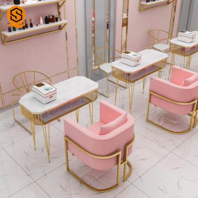 China Easy To Clean Rectangle Beautiful White Marble Legs Nail Manicure Top Gold Nail Table for sale