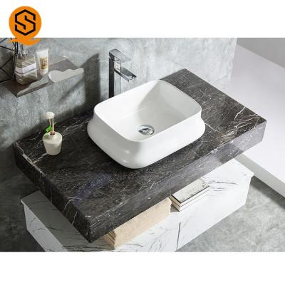 China Environmentally Friendly Wall Hung Black Marble Look Bathroom Vanity Top Vanity Counter Top Bathroom Tops With Luxury Design for sale