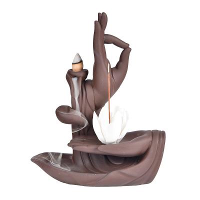 China AROMATIC Backflow Incense Burner, Waterfall Incense Holder, Large Handmade Ceramic Lotus Buddha Hand Waterfall Incense Burner for sale