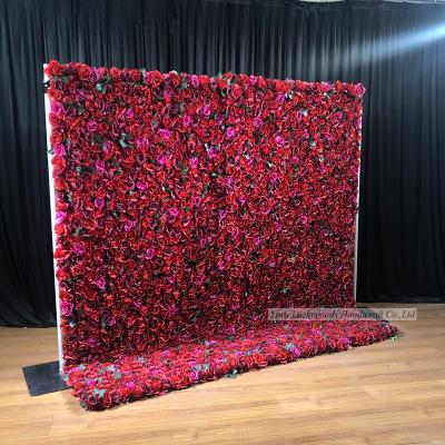 China LFB1498 Artificial Flowers 2.4m Roll Up Red Rose Artificial Floral Backdrop For Wedding Wall Decoration for sale