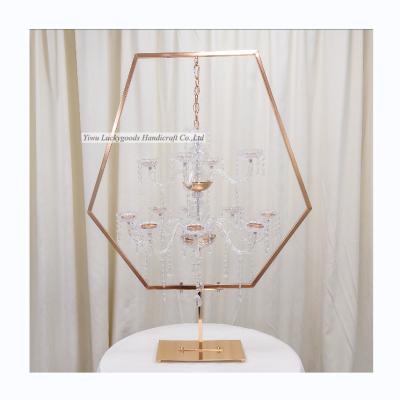 China ZT210602-3 metal hanging crystals wedding centerpieces hexagon party table candelabra centerpiece for sale