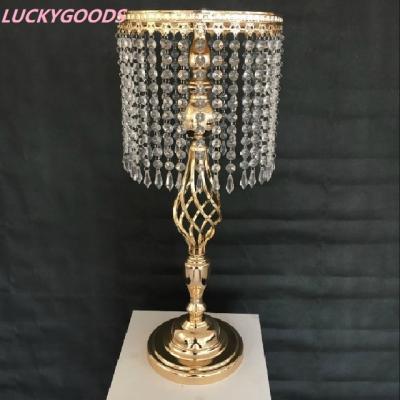 China Elegant Gold Hanging Crystal Acrylic Beads Wedding Table Centerpiece Metal Flower Stand For Event Party Table Decoration LDJ632 for sale