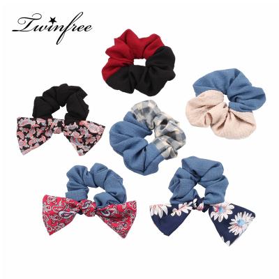 China 2pcs/set Japan and Korean Style Plaid Flower Pique Scrunchies for Women Girls Paisley Bandanas Bow Solid Color Hair Tie Scrunchies for sale