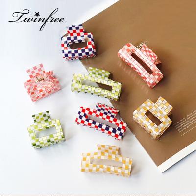 China Hot Sale Fashion 7.5cm 5cm Plaid Acetate Hair Clips For Women Girls Hair Claw Clips Geometric Square Hair Clips for sale