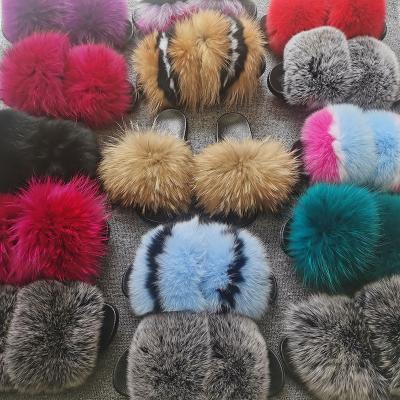 China 2021 Fashion Trend New Design Wholesale Raccoon Slides Real Fur Slide Fox Fur Slippers For Women for sale