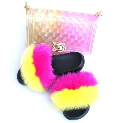 China Fashion trend most popular fashionable high quality fur slipper set fur slippers purse and fur slippers purse sets for sale