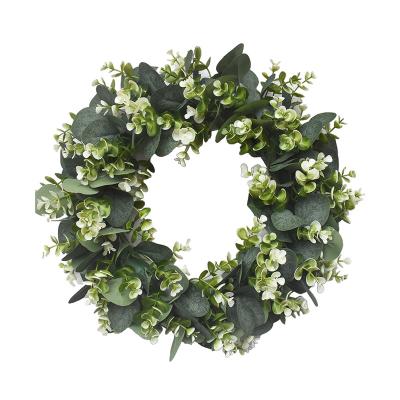 China Plastic Green Garland Artificial Eucalyptus Leaves Holiday Festival Door Hanging Garland Party Door Wall Hanging Decoration 30cm Diameter for sale