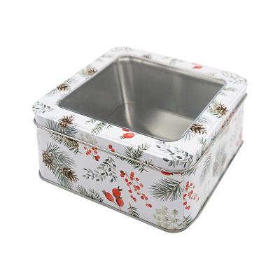 China Square Recyclable Tin Packaging With Window Lid Candy Metal Box Christmas Cookie Tin Box for sale