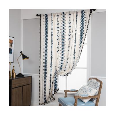 China Pervious to Light Curtain Finished Print Linen Cotton and Tassel Kitchen Curtain Bedroom Bohemian Bay Window for sale