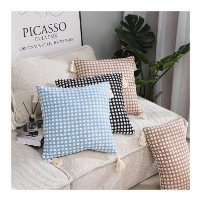 China American Style Portable Tassel Pillow Cover Bedroom Sofa Plaid Square Cushion Covers for sale