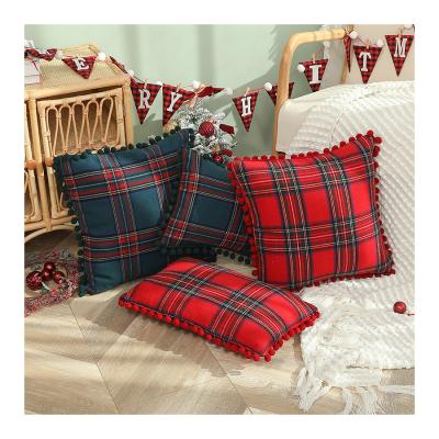 China wholesale cute portable nordic style red and green lace ball hair plaid pillow case sofa cushion cover for sale