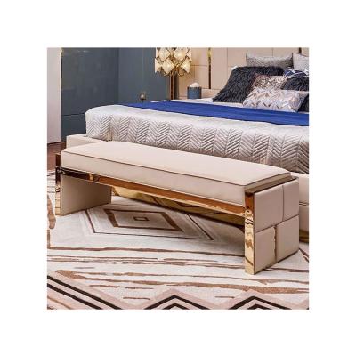 China Modern Luxury Italian Antique Brass Metal Base Footstool Comfortable Modern Luxury Long Rest Sofa Bed Fabric Cushion End Bed Stool Design Sofa Bench for sale