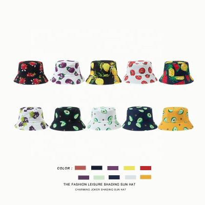 China 2021 Breathable Comfort Spring Fruit Sides Bucket Hat Unisex Summer Double Avocado Lemon Grape Tomato Outdoor Travel Bucket Hat for sale