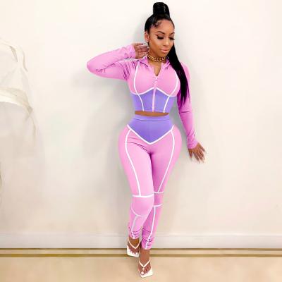 China Fashion Caged Breathable Color Block Sweat Suits Women Tracksuit Zipper Up Cropped Hoodie And Pants Matching Two Piece Sets for sale