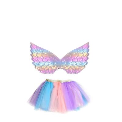 China Polyester Girl Kids Bubble Suit Little Angle Rainbow Skirt Halloween Wing Tutu Skirt Headwear Cosplay Costume Girls Fairy Dress Outfit for sale