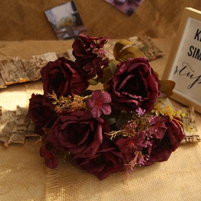 China 2021 Hot Selling Burgundy Rose Bouquets Artificial Flowers 10 Branches Artificial Flower Rose For Bridal Wedding Silk Arrangements for sale