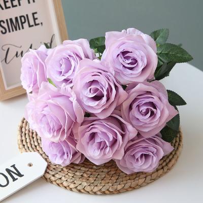 China Artificial Flower Bouquet Wedding Bouquets Rose Flower Artificial Purple 10 Heads Rose Bouquets For Home Decor for sale